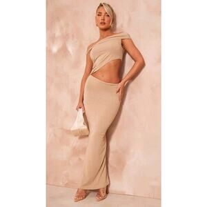 Pretty Little Thing Women's Bardot Cut Out Maxi Dress Sz 4 Stone Soft Touch